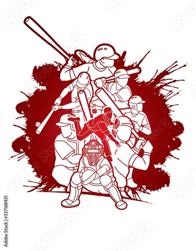 Group of Baseball players action cartoon sport graphic vector.