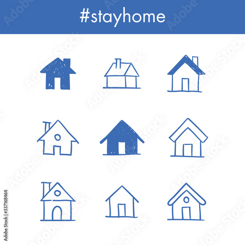 House doodle icons. Graphic design elements for stay at home campaign. Hand drawn illustrations.