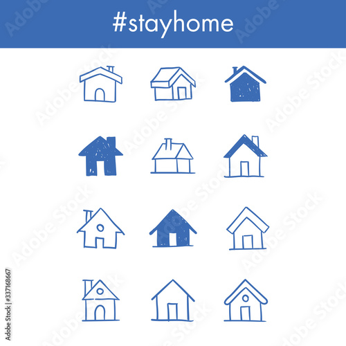 House doodle icons. Graphic design elements for stay at home campaign. Hand drawn illustrations.