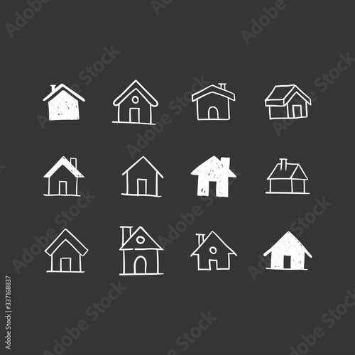 House doodle icons. Graphic design elements for stay at home campaign. Hand drawn illustrations.