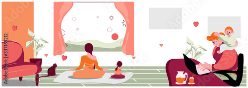 Art & Illustration Work from home.Panoramic banner of wife doing yoga at home while father working, kids are around them.self isolation, stay home  during covid-19 lock down. Social distancing
