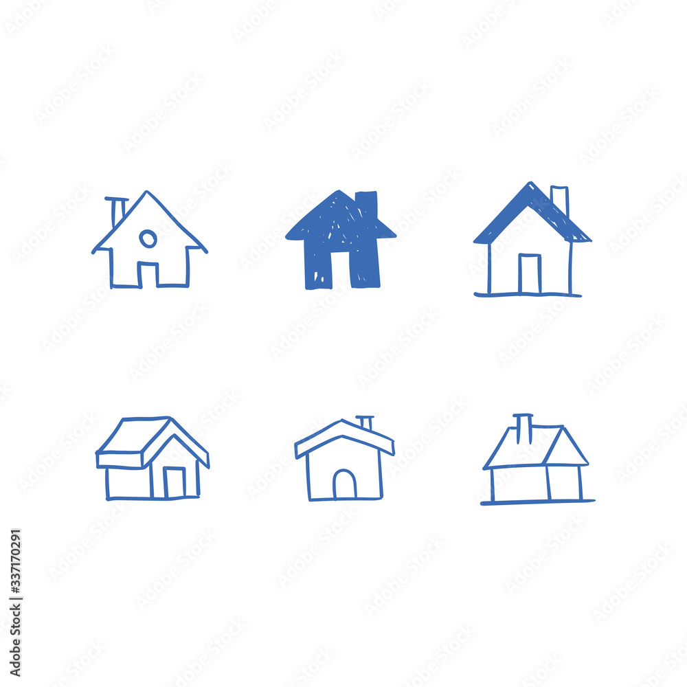House doodle icons. Graphic design elements for stay at home campaign. Hand drawn illustrations.