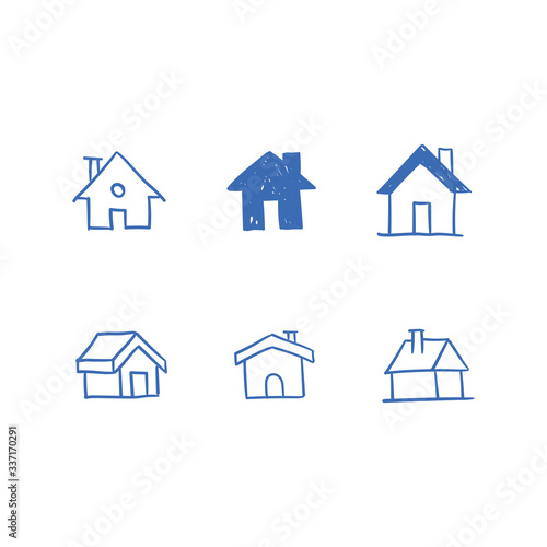 House doodle icons. Graphic design elements for stay at home campaign. Hand drawn illustrations.