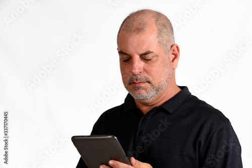 adult man with white beard and black shirt on white background
