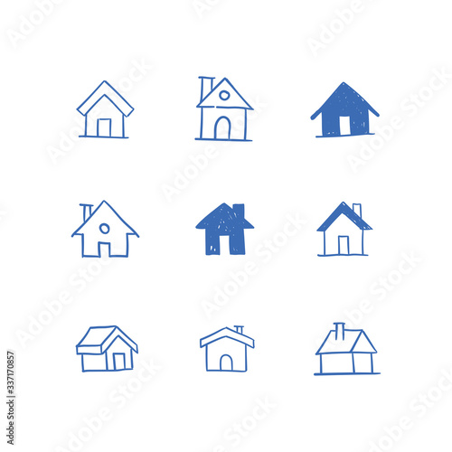 House doodle icons. Graphic design elements for stay at home campaign. Hand drawn illustrations.