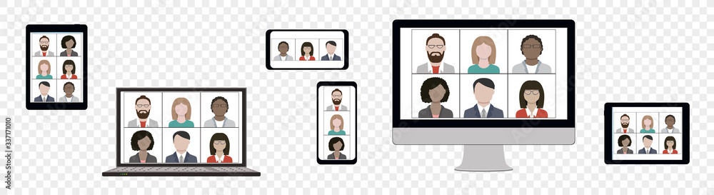 Business team hangout and have remote video meeting online on device screen Business team hangout and have remote video meeting online on device screen