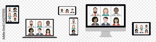 Business team hangout and have remote video meeting online on device screen