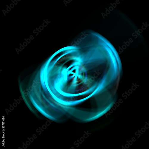 Spinning rays of light isolated on black background. Graphic 2D illustration of glowing colorful light particles in circular motion.