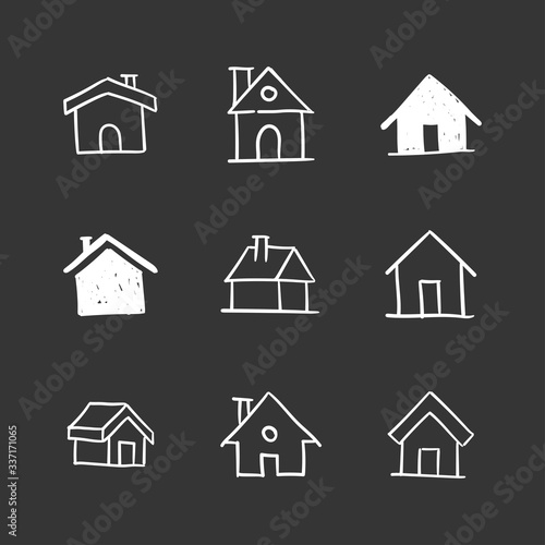 House doodle icons. Graphic design elements for stay at home campaign. Hand drawn illustrations.