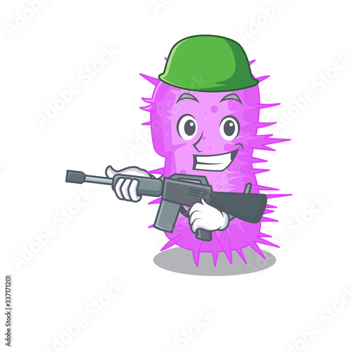 A cartoon picture of acinetobacter baumannii in Army style with machine gun