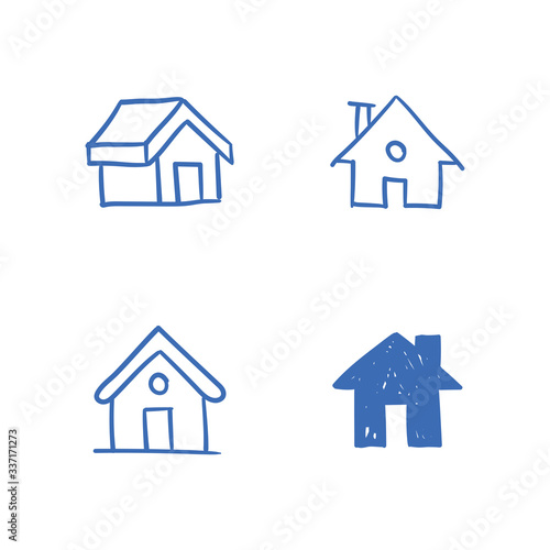 House doodle icons. Graphic design elements for stay at home campaign. Hand drawn illustrations.