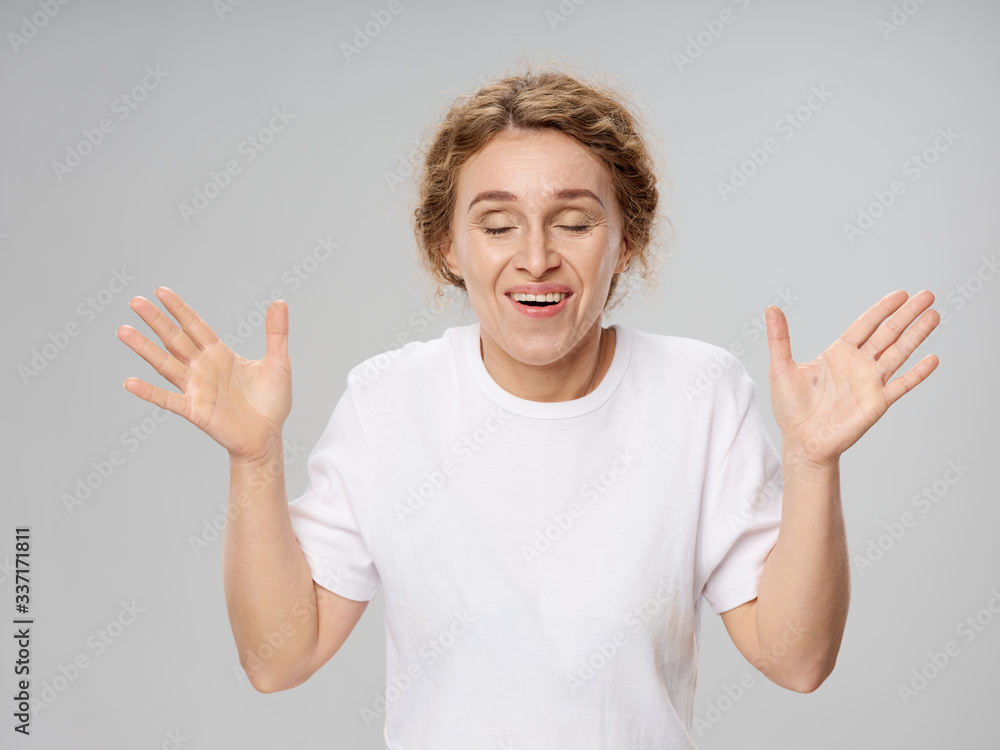 happy young woman with hands up happy young woman with hands up