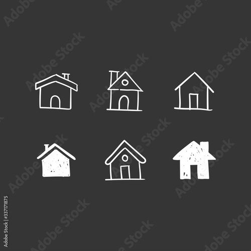 House doodle icons. Graphic design elements for stay at home campaign. Hand drawn illustrations.