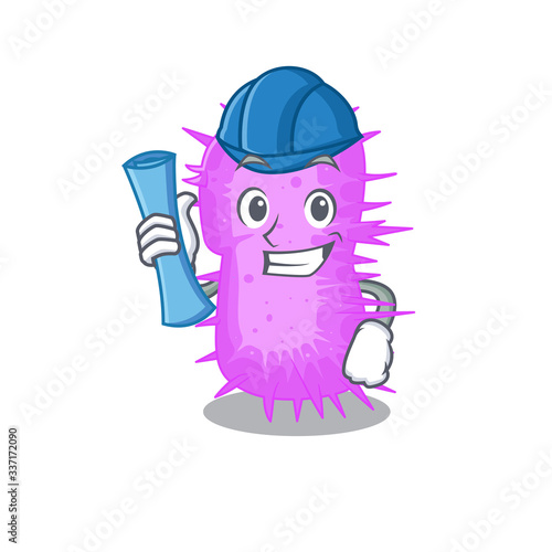 Cartoon character of acinetobacter baumannii brainy Architect with blue prints and blue helmet