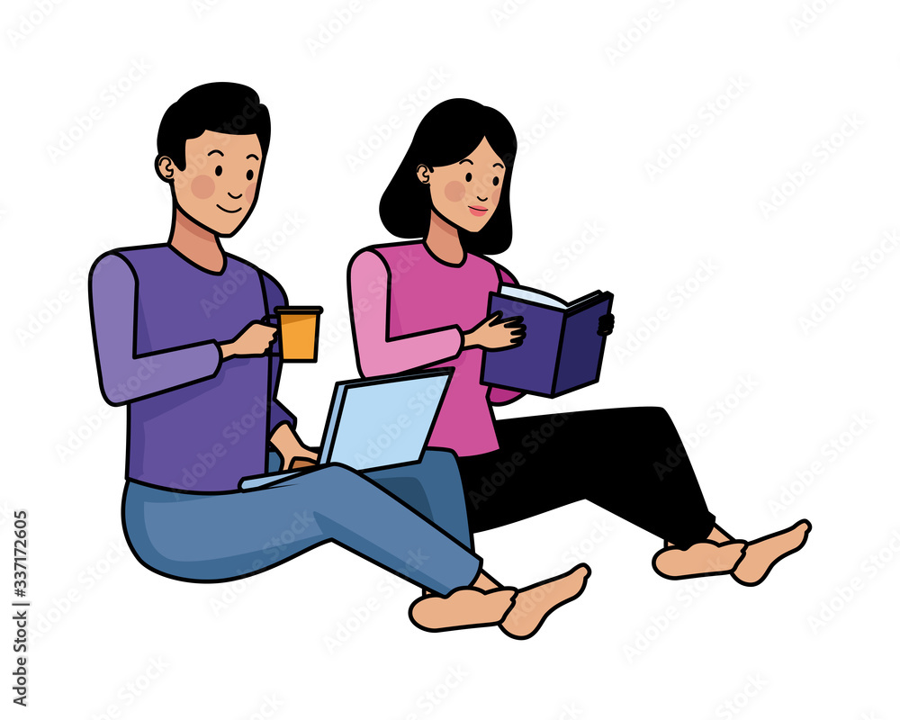 couple using laptop and reading book couple using laptop and reading book