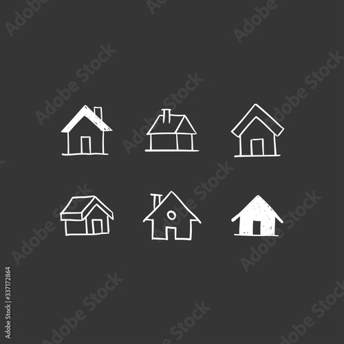 House doodle icons. Graphic design elements for stay at home campaign. Hand drawn illustrations.