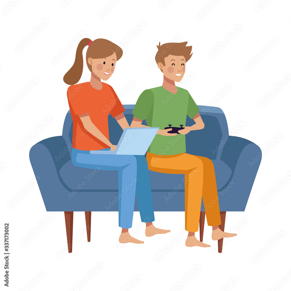 couple using laptop and playing video game couple using laptop and playing video game