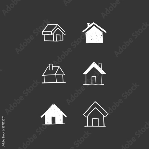 House doodle icons. Graphic design elements for stay at home campaign. Hand drawn illustrations.