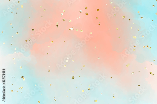 Gentle pastel watercolor background in persian blue, Smooth transitions of colors. For the design of invitations, cards, banners with golden sparkles. photo