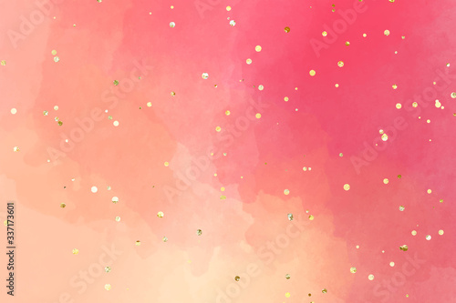 Beautiful bright, juicy coral pink watercolor background for a party. Gold sparkles for invitation.