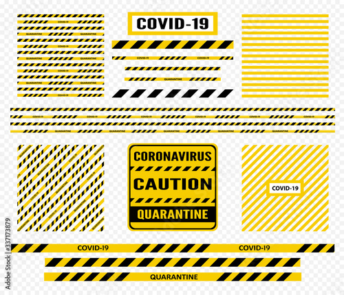 Yellow danger tape caution stripe and sign for covid-19 Coronavirus background quarantine © Pixsooz