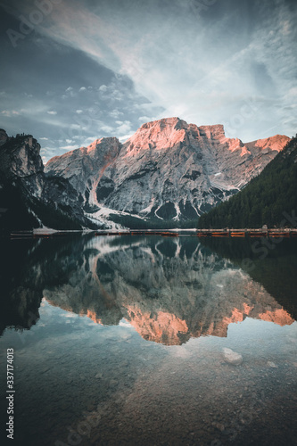 Mountain Lake Reflection at Lago di Braies in summer
