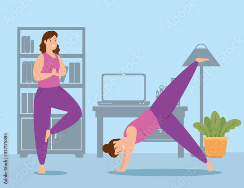 women exercising in the house scene vector illustration design