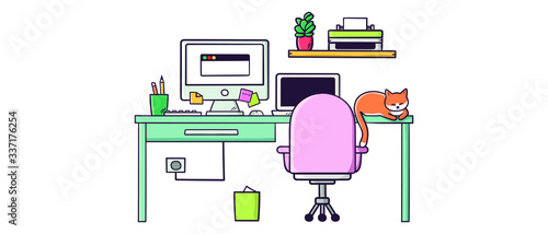 work from home concept, desk, computer and cat, stay home