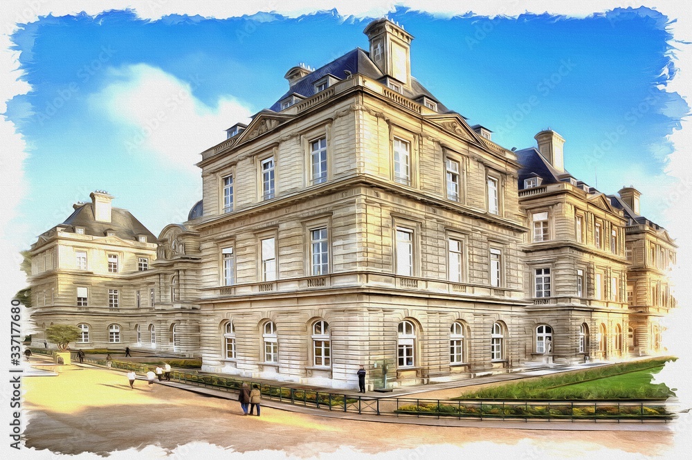 Luxembourg Palace. French Senate. Imitation of a picture. Oil paint. Illustration