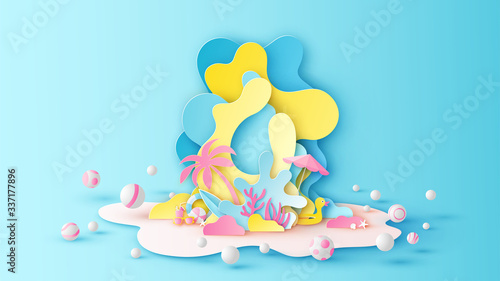 Illustration of splashing sea water backdrop decorated with beach equipment place on beach. Summer time. paper cut and craft style. vector, illustration.