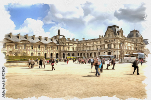 Paris. Louvre art gallery. Imitation of a picture. Oil paint. Illustration