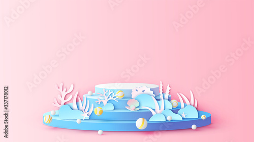 Circle stage podium scene decorated with coral under sea, pearl, balls and blank space. Summer stage podium. paper cut and craft style. vector, illustration.