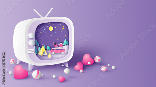 In retro TV screen with young couples travel for honeymoon camping in forest and sit on the van car watching stars on sky. paper cut and craft style. vector, illustration.