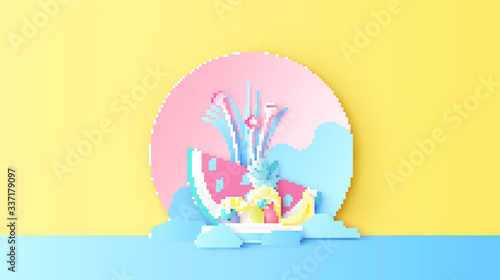 Summer circle stage podium scene decorated with watermelon slice, pineapple, lemon, banana, orange, ruby, mangosteen, sea waves, flower and blank space. paper cut and craft style. vector, illustration