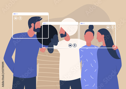 Group video call, virtual window frames, a diverse group of young characters gathering together online