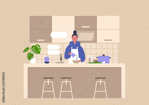 Young female character cooking food at the kitchen, healthy lifestyle, culinary blog, home assistant help, smart house