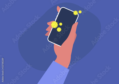 Coronavirus contamination, microbes on a smartphone surface, germs spreading prevention