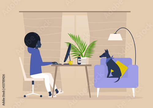 Young black female character working from home, self isolation, workspace in the living room