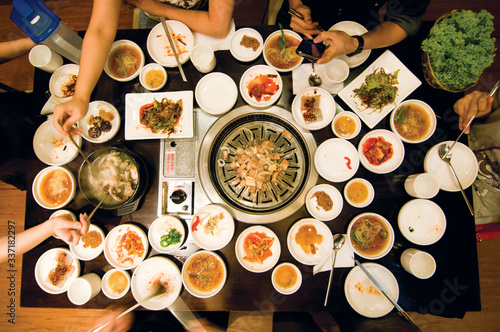Korean food with a variety of dishes.