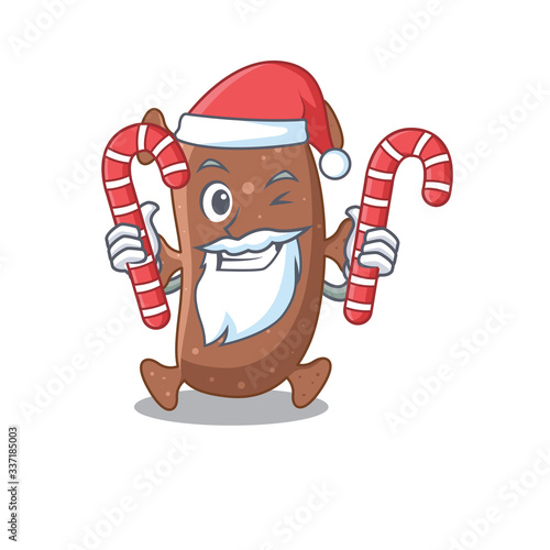 Friendly actinomyces israelii in Santa Cartoon character holds Christmas candies