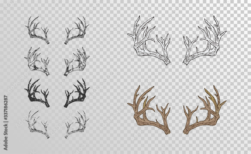 Vector set of hand drawn horns deer with grunge elements in different versions on a transparent background.