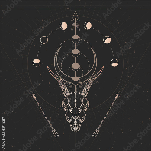 Vector illustration with hand drawn Goat skull and Sacred geometric symbol on black vintage background. Abstract mystic sign.
