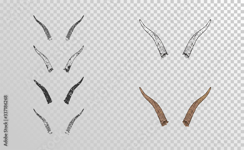 Vector set of hand drawn horns goat with grunge elements in different versions on a transparent background.