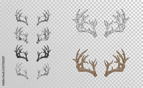 Fényképezés Vector set of hand drawn horns deer with grunge elements in different versions on a transparent background