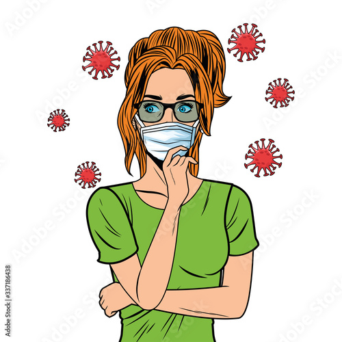 woman using face mask for covid19 pop art style