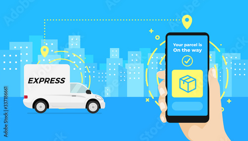 Fast delivery service app on smartphone. Hand holding a smartphone and checking the status of the parcel delivery car.