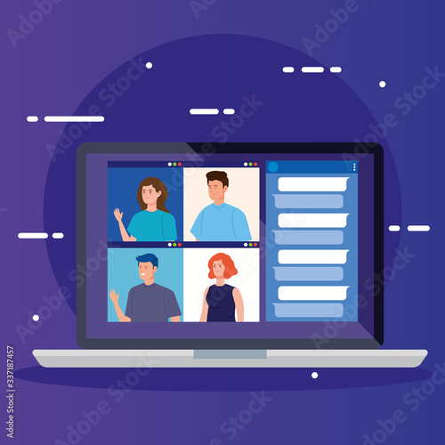 people in video conference in laptop vector illustration design