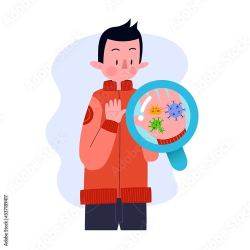 Young Man or Boy or Male or Person or Character With Germs Bacteria Virus In Hands. Flat Design. Illustration Concept. Isolated. Vector. EPS 10