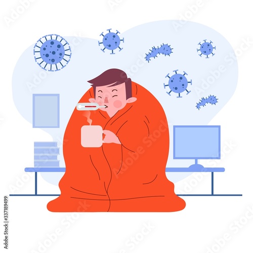Young Man or Boy or Male or Person or Character Having Fever and Cold Covering The Blanket. Sickness Concept. Flat Design Illustration. Isolated. Vector. EPS 10