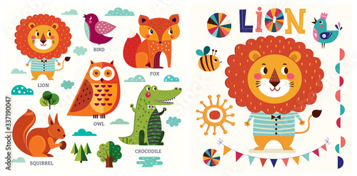Colorful baby collection of funny animals owl, cat, bird, crocodile, lion, fox and children poster design with lion